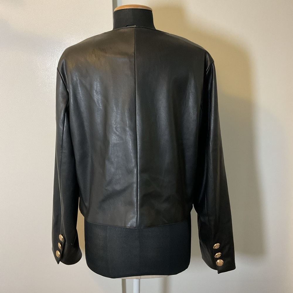H&M Black Faux Leather Collarless Blazer Gold Button Jacket Size XL - Picture 9 of 9